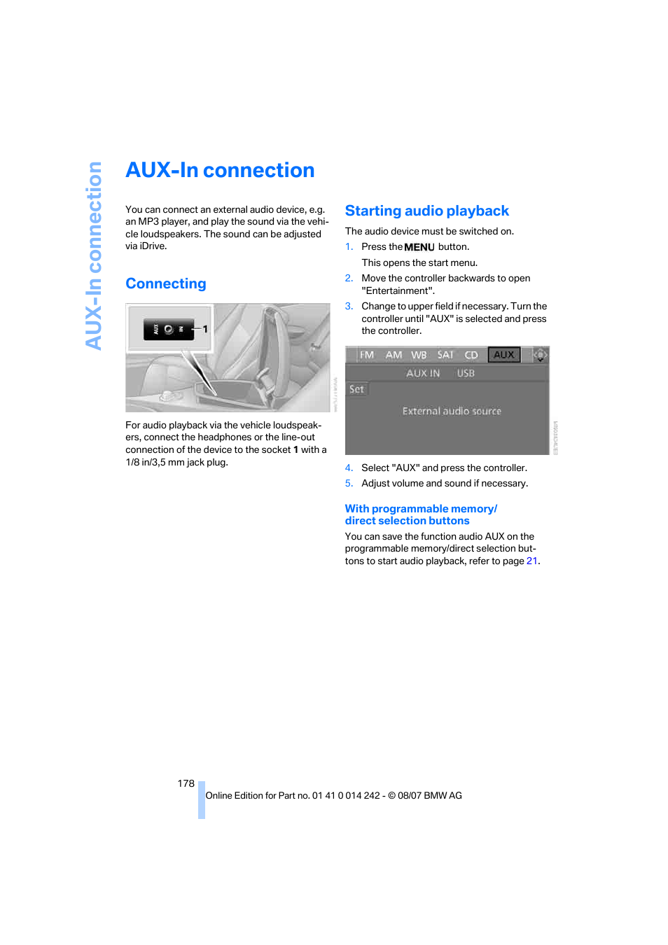 Aux-in connection, Connecting, Starting audio playback | Aux-in con n ec tion | BMW 650i Convertible 2008 User Manual | Page 180 / 264