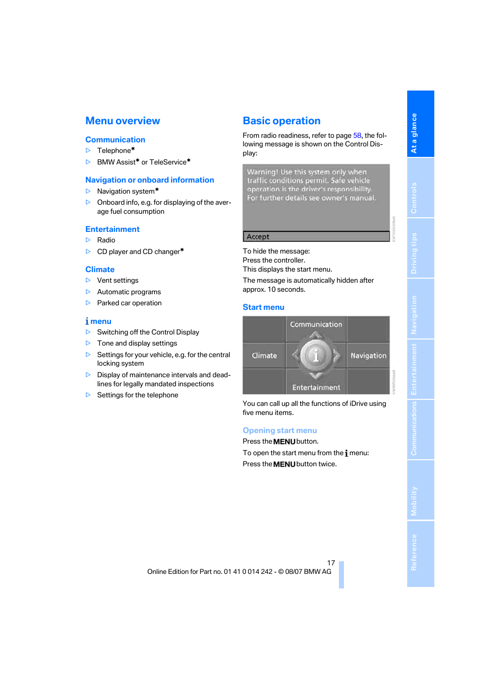 Menu overview, Basic operation | BMW 650i Convertible 2008 User Manual | Page 19 / 264