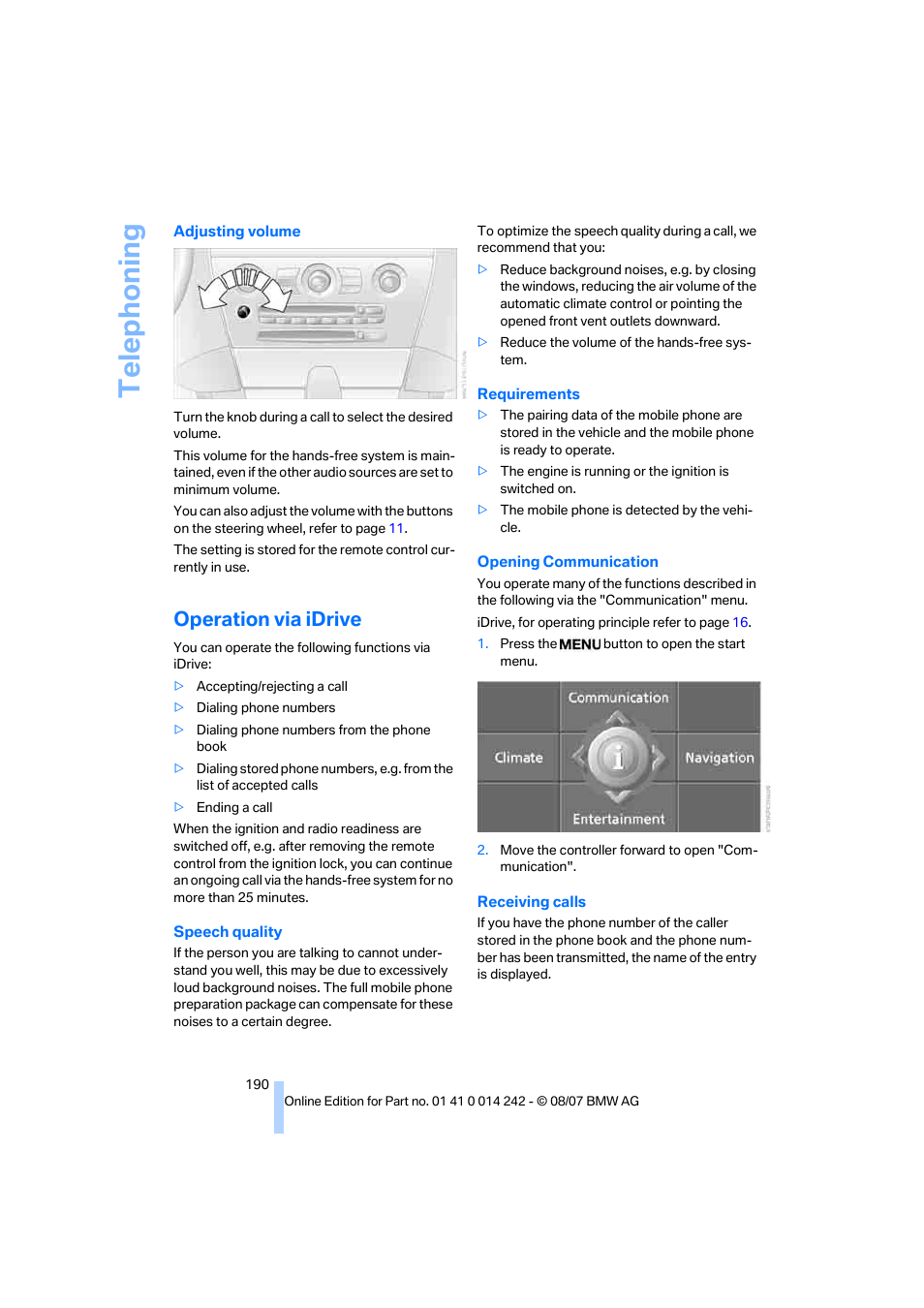 Operation via idrive, Telep h oning | BMW 650i Convertible 2008 User Manual | Page 192 / 264