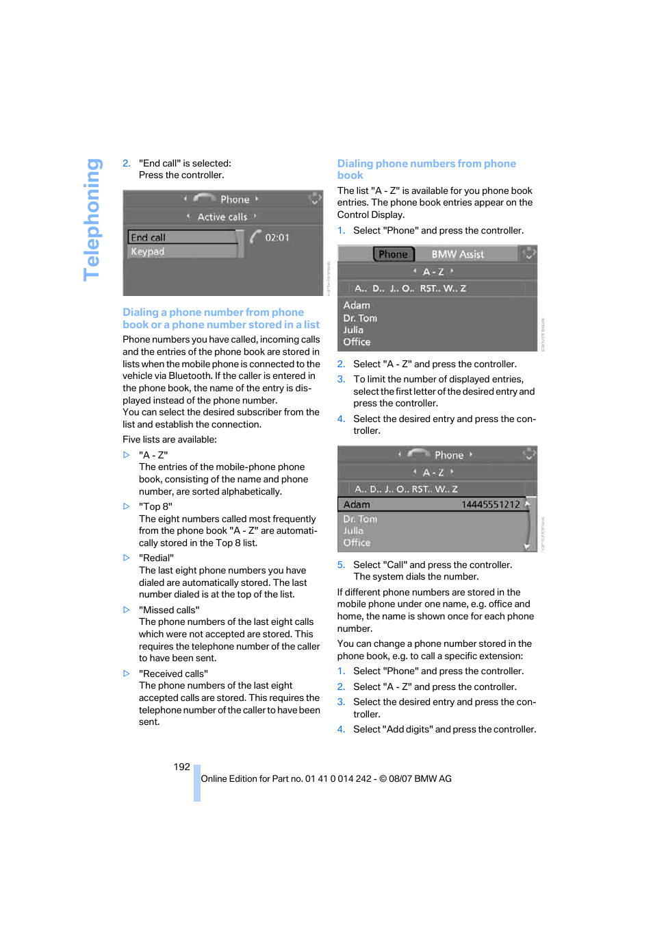 Telep h oning | BMW 650i Convertible 2008 User Manual | Page 194 / 264