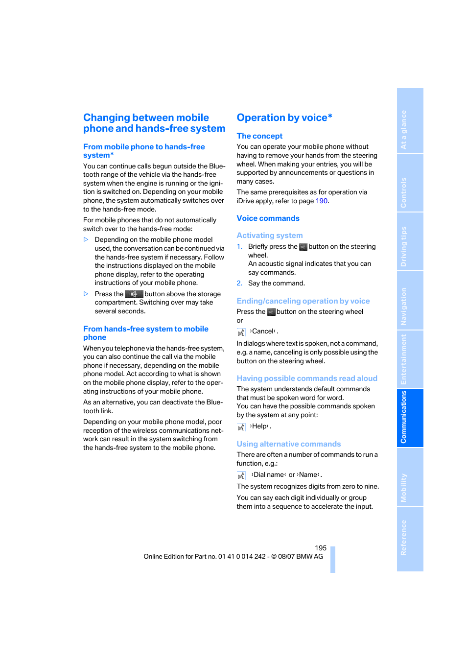 Operation by voice | BMW 650i Convertible 2008 User Manual | Page 197 / 264