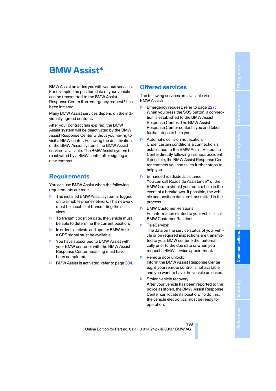 Bmw assist, Requirements, Offered services | BMW 650i Convertible 2008 User Manual | Page 201 / 264