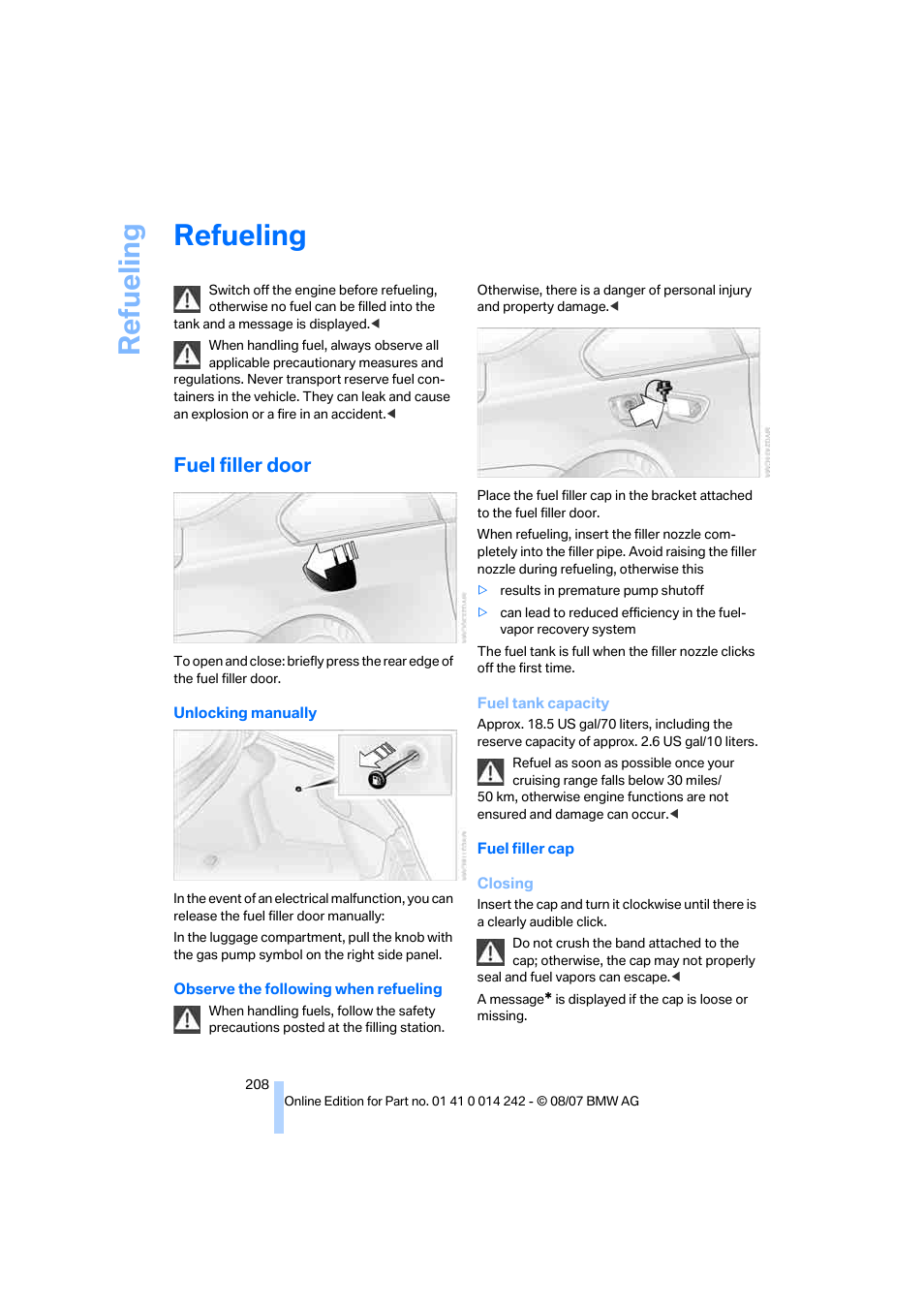 Refueling, Fuel filler door, Lity | Re fueling | BMW 650i Convertible 2008 User Manual | Page 210 / 264