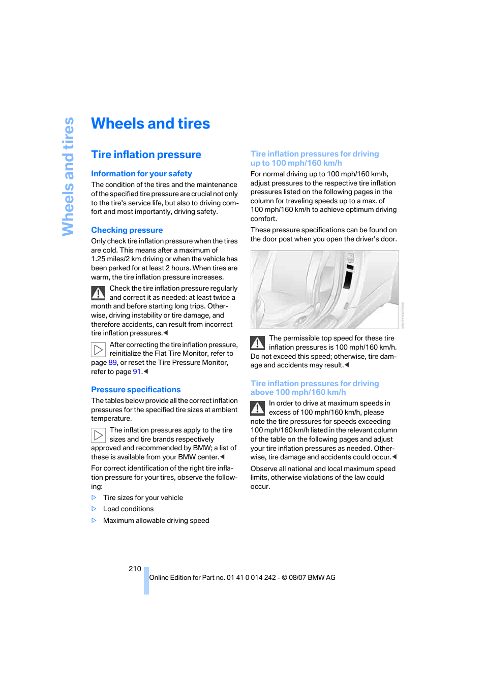 Wheels and tires, Tire inflation pressure, Wh eels and tire s | BMW 650i Convertible 2008 User Manual | Page 212 / 264