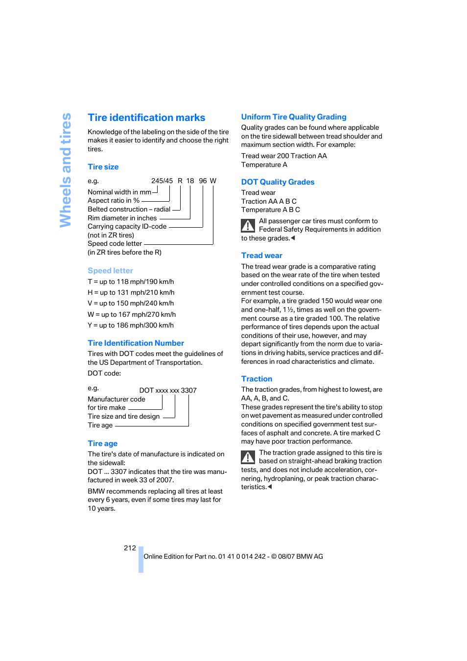 Tire identification marks, Wh eels and tire s | BMW 650i Convertible 2008 User Manual | Page 214 / 264