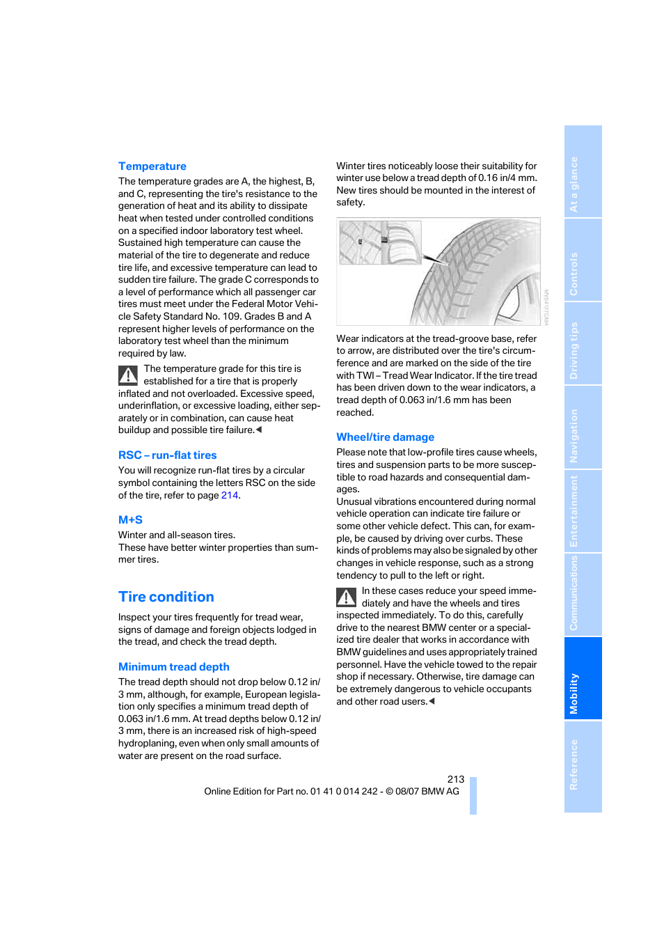 Tire condition | BMW 650i Convertible 2008 User Manual | Page 215 / 264