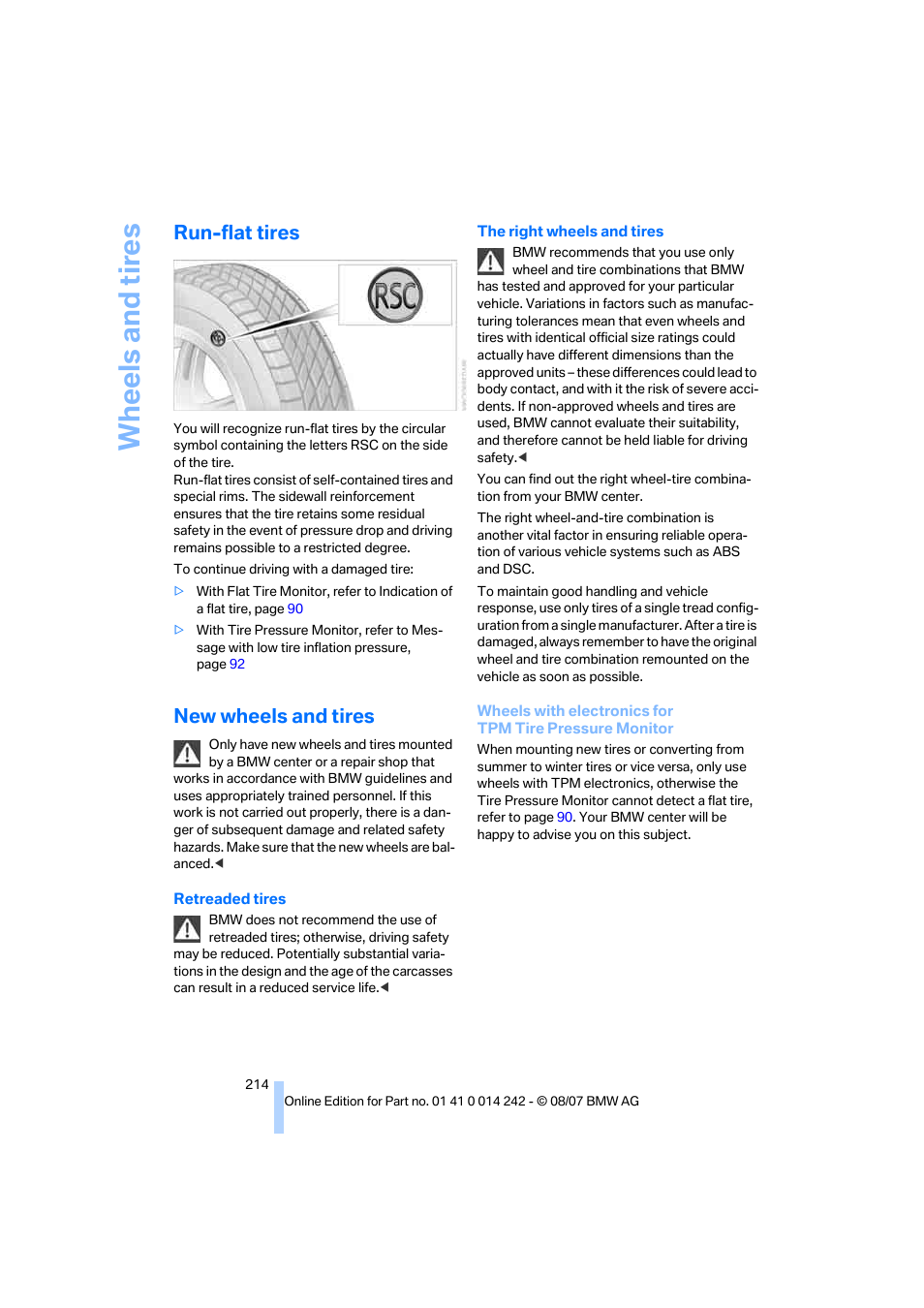 Run-flat tires, New wheels and tires, Wh eels and tire s | BMW 650i Convertible 2008 User Manual | Page 216 / 264