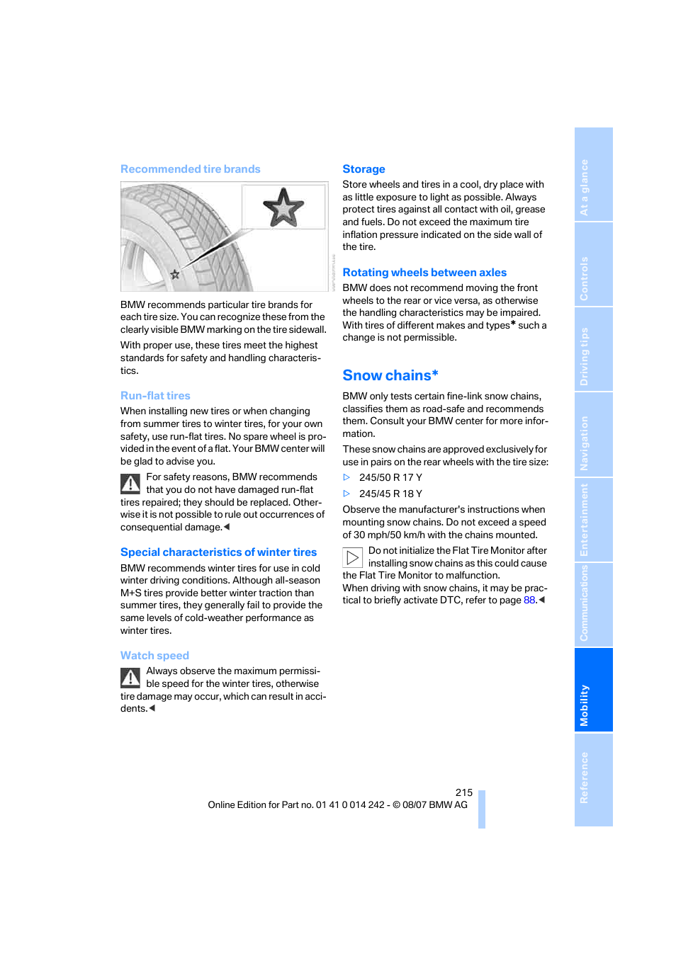 Snow chains | BMW 650i Convertible 2008 User Manual | Page 217 / 264