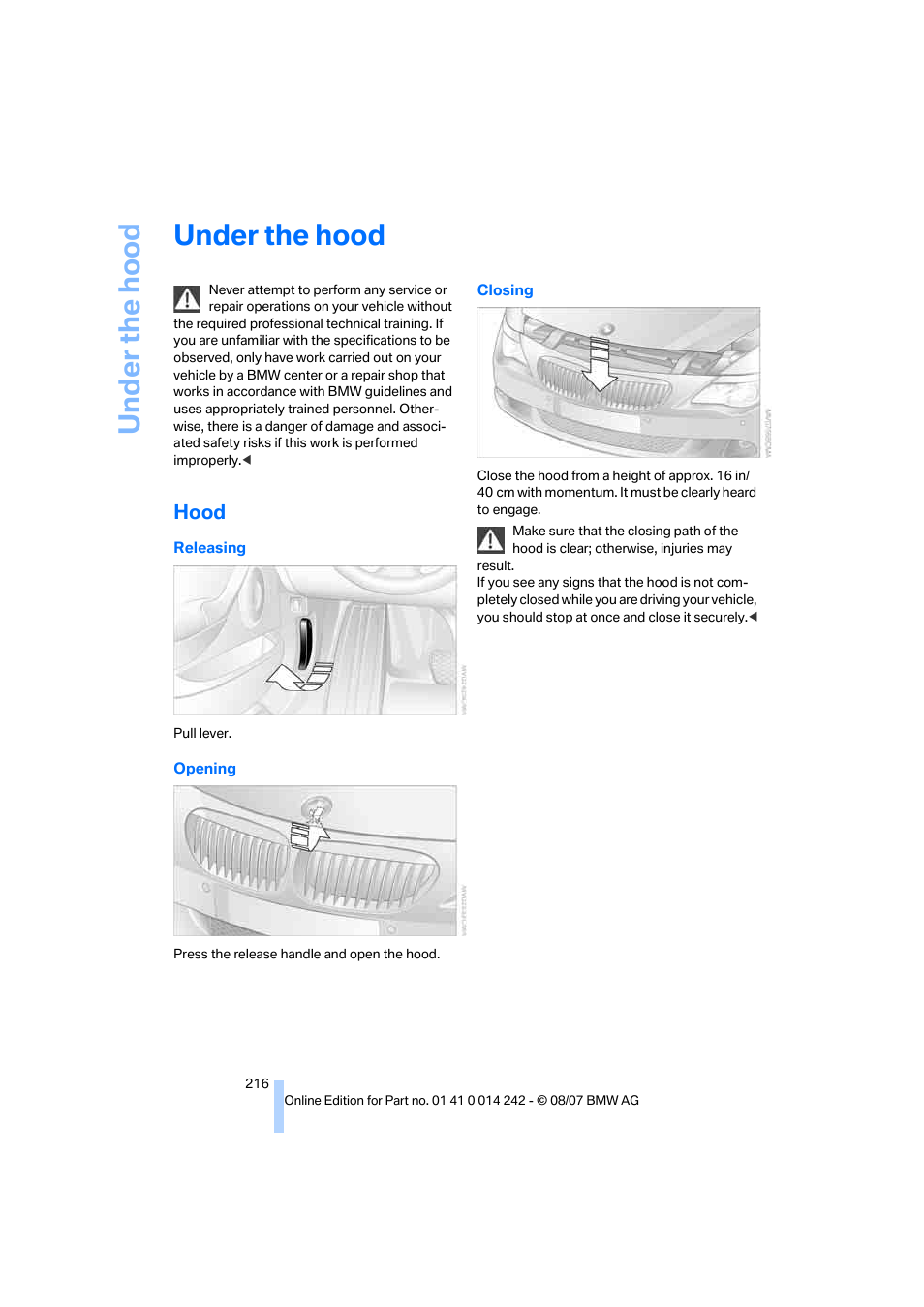 Under the hood, Hood | BMW 650i Convertible 2008 User Manual | Page 218 / 264