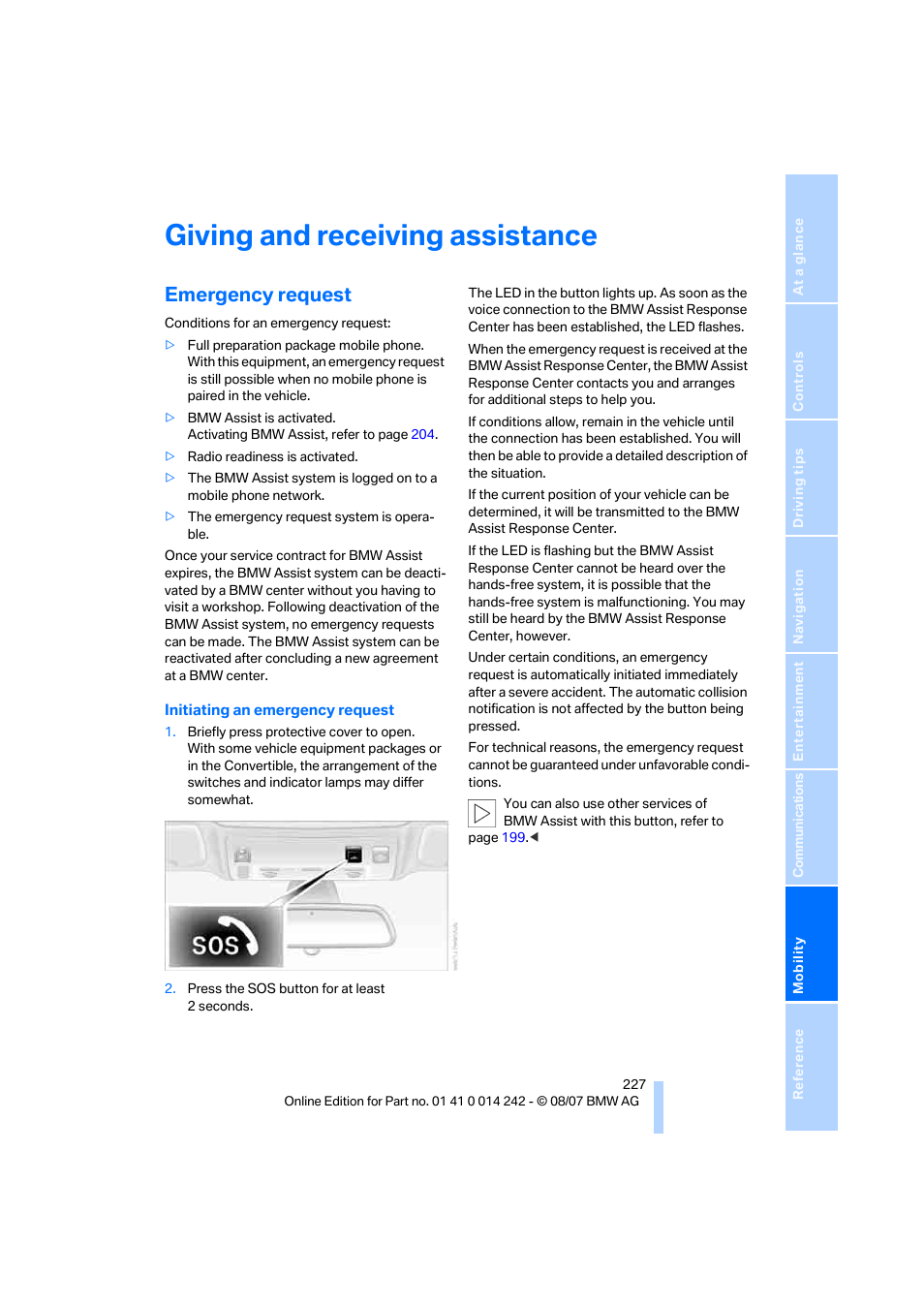 Giving and receiving assistance, Emergency request | BMW 650i Convertible 2008 User Manual | Page 229 / 264