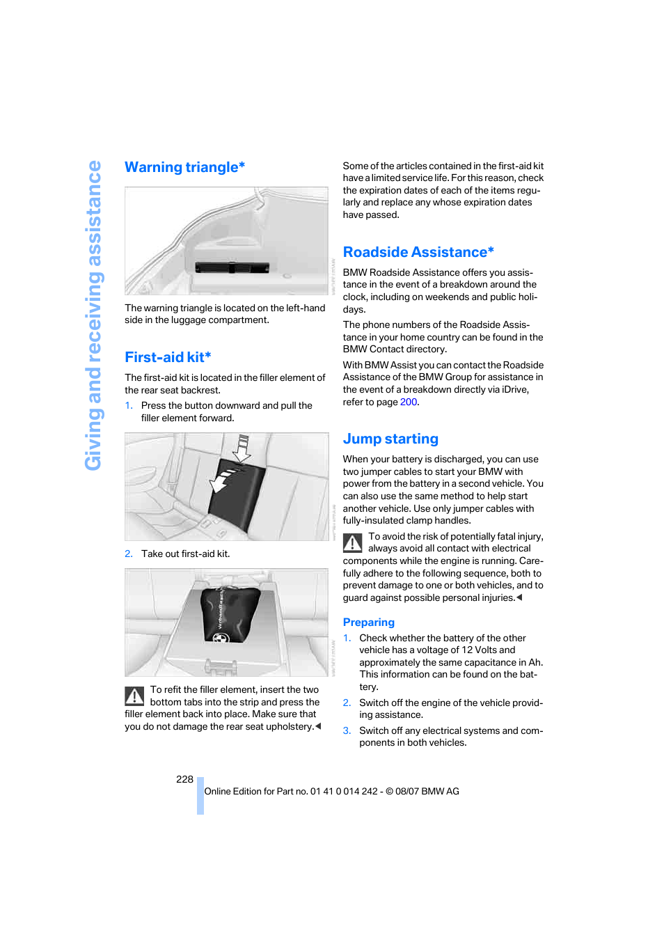 Warning triangle, First-aid kit, Roadside assistance | Jump starting, Giving and receiv ing as sistance | BMW 650i Convertible 2008 User Manual | Page 230 / 264