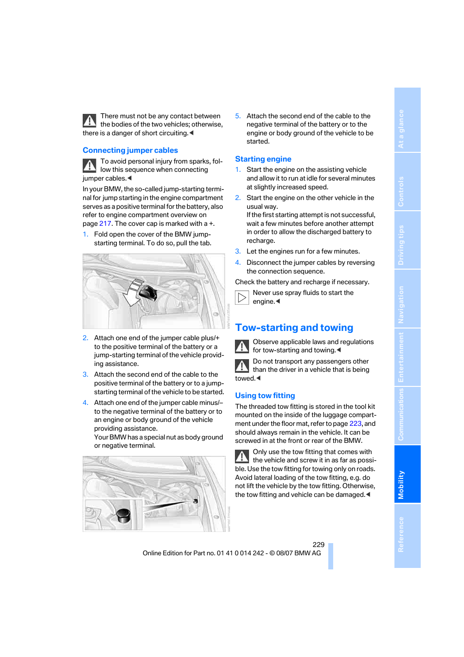 Tow-starting and towing | BMW 650i Convertible 2008 User Manual | Page 231 / 264