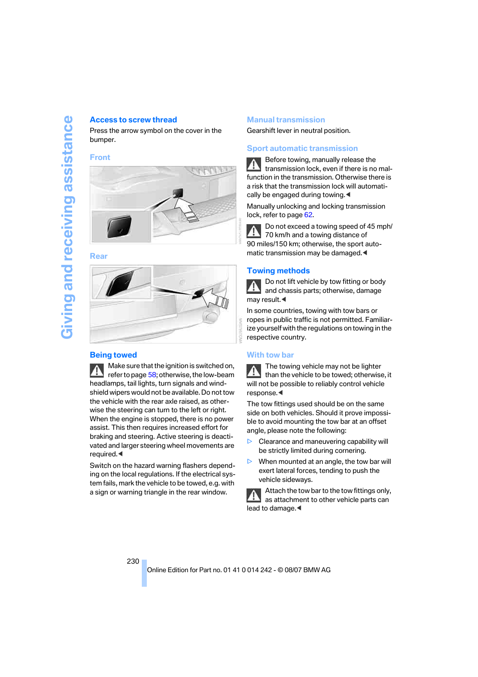 Giving and receiv ing as sistance | BMW 650i Convertible 2008 User Manual | Page 232 / 264