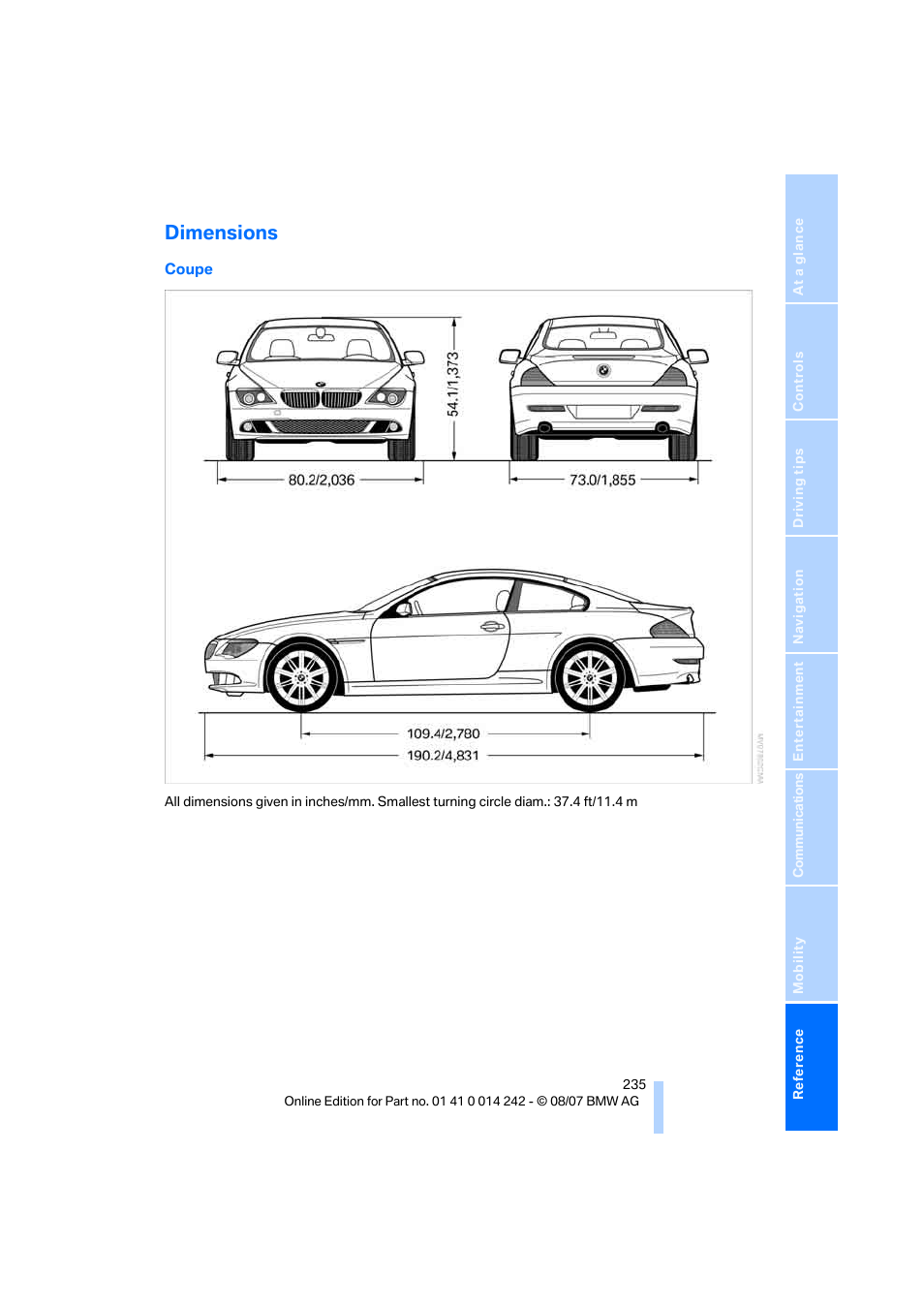 Dimensions | BMW 650i Convertible 2008 User Manual | Page 237 / 264