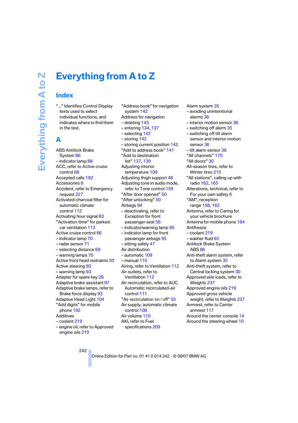 Everything from a to z, Index | BMW 650i Convertible 2008 User Manual | Page 244 / 264