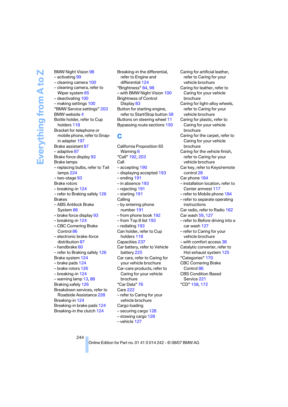 Everything from a to z | BMW 650i Convertible 2008 User Manual | Page 246 / 264