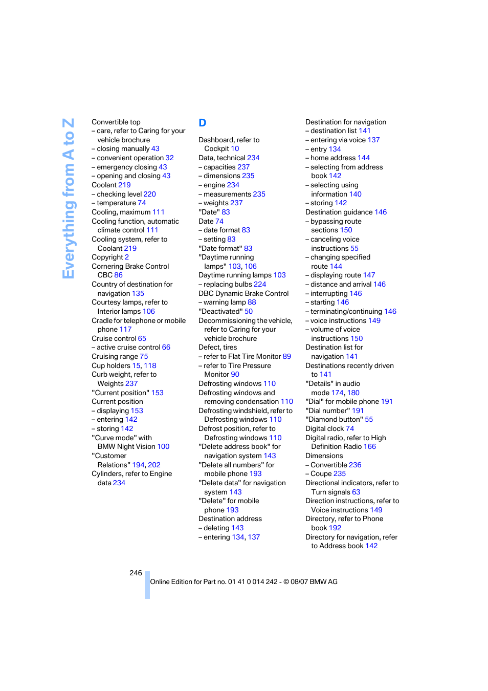 Everything from a to z | BMW 650i Convertible 2008 User Manual | Page 248 / 264