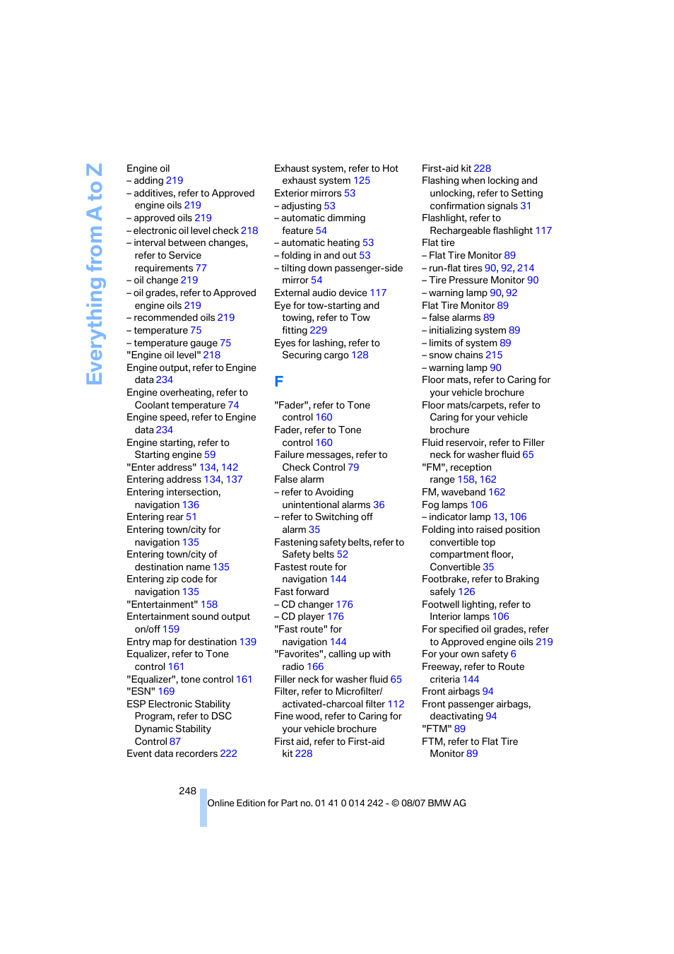 Everything from a to z | BMW 650i Convertible 2008 User Manual | Page 250 / 264