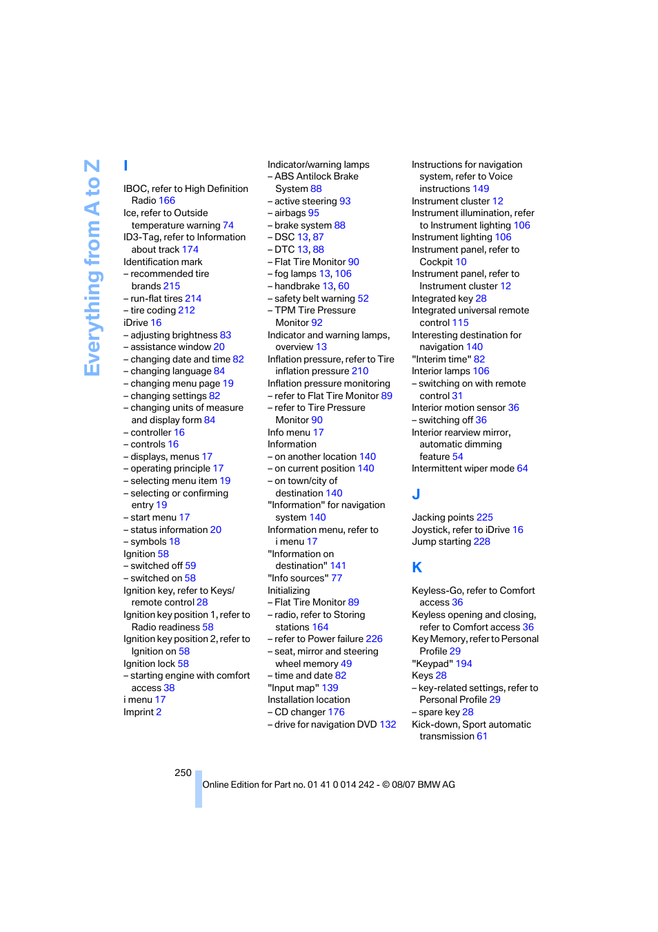 Everything from a to z | BMW 650i Convertible 2008 User Manual | Page 252 / 264