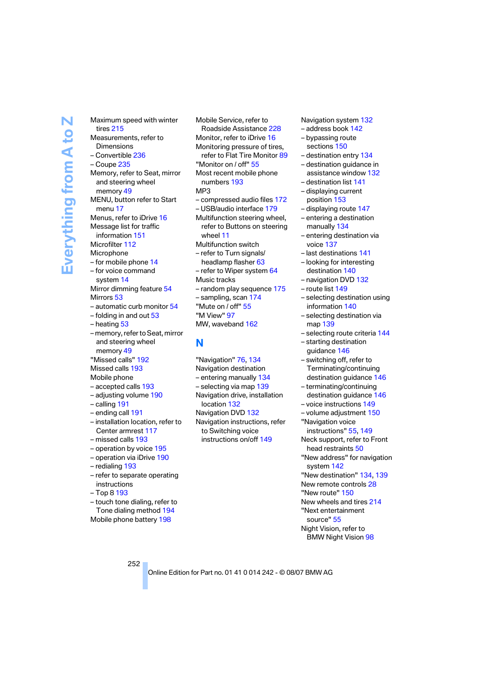 Everything from a to z | BMW 650i Convertible 2008 User Manual | Page 254 / 264