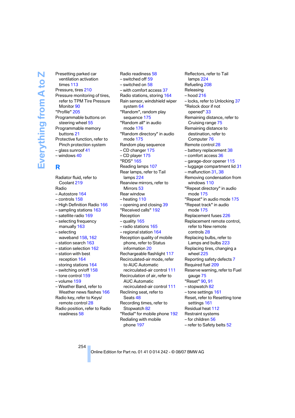 Everything from a to z | BMW 650i Convertible 2008 User Manual | Page 256 / 264