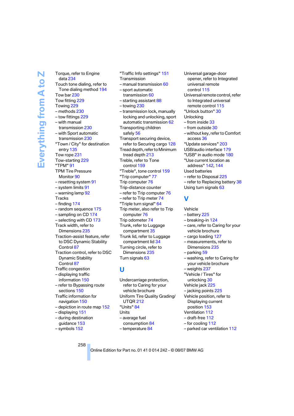 Everything from a to z | BMW 650i Convertible 2008 User Manual | Page 260 / 264