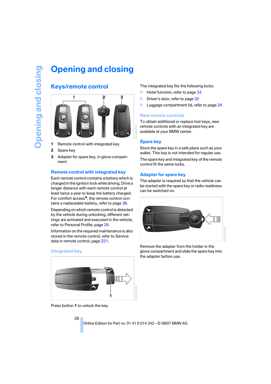 Opening and closing, Keys/remote control | BMW 650i Convertible 2008 User Manual | Page 30 / 264