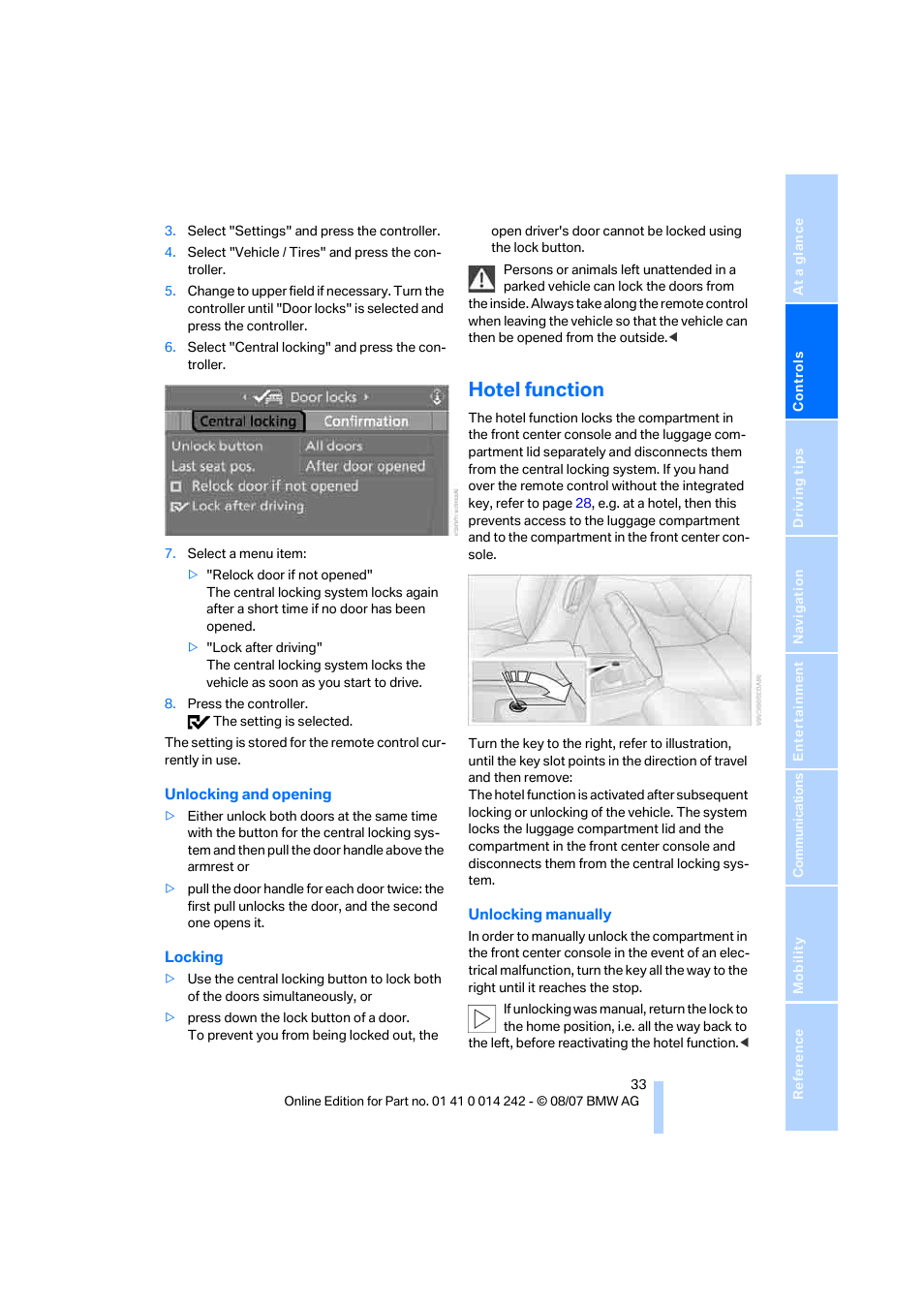 Hotel function | BMW 650i Convertible 2008 User Manual | Page 35 / 264