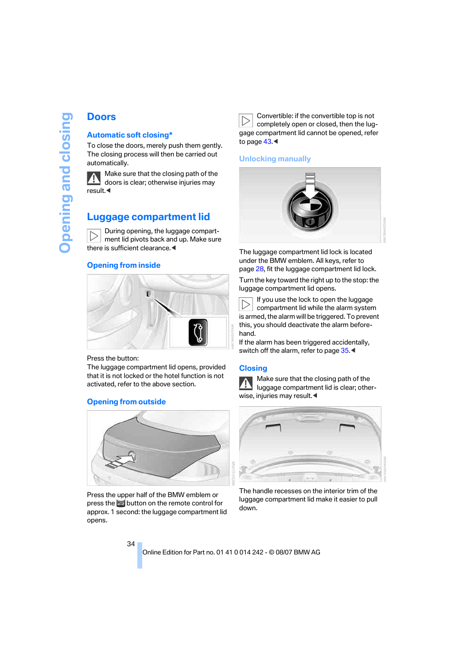 Doors, Luggage compartment lid, Opening and closing | BMW 650i Convertible 2008 User Manual | Page 36 / 264