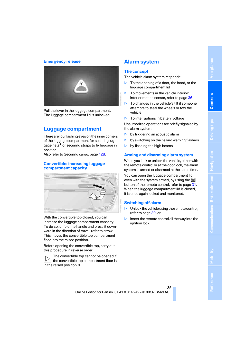 Luggage compartment, Alarm system | BMW 650i Convertible 2008 User Manual | Page 37 / 264