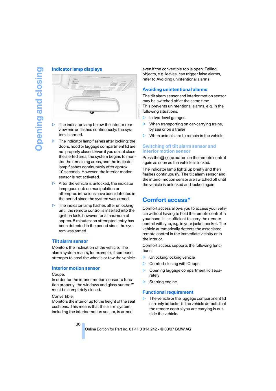 Comfort access, Opening and closing | BMW 650i Convertible 2008 User Manual | Page 38 / 264