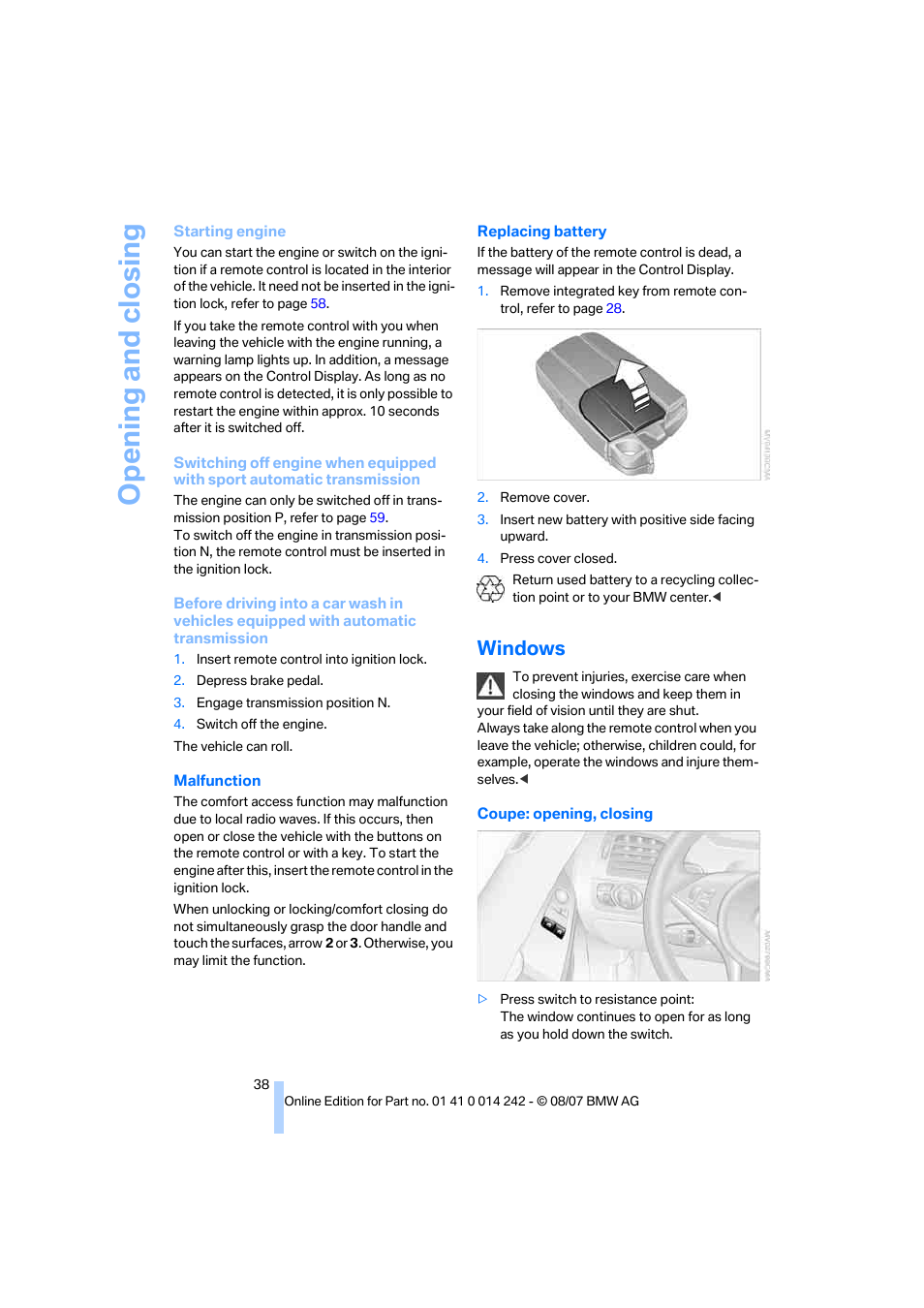 Windows, Opening and closing | BMW 650i Convertible 2008 User Manual | Page 40 / 264