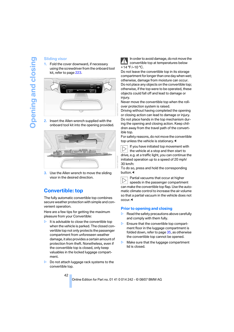 Convertible: top, Opening and closing | BMW 650i Convertible 2008 User Manual | Page 44 / 264