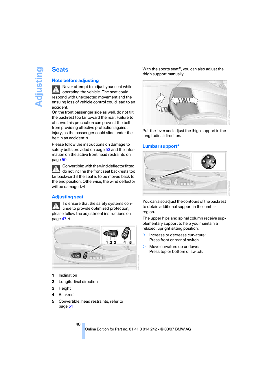 Seats, Adju sting | BMW 650i Convertible 2008 User Manual | Page 50 / 264