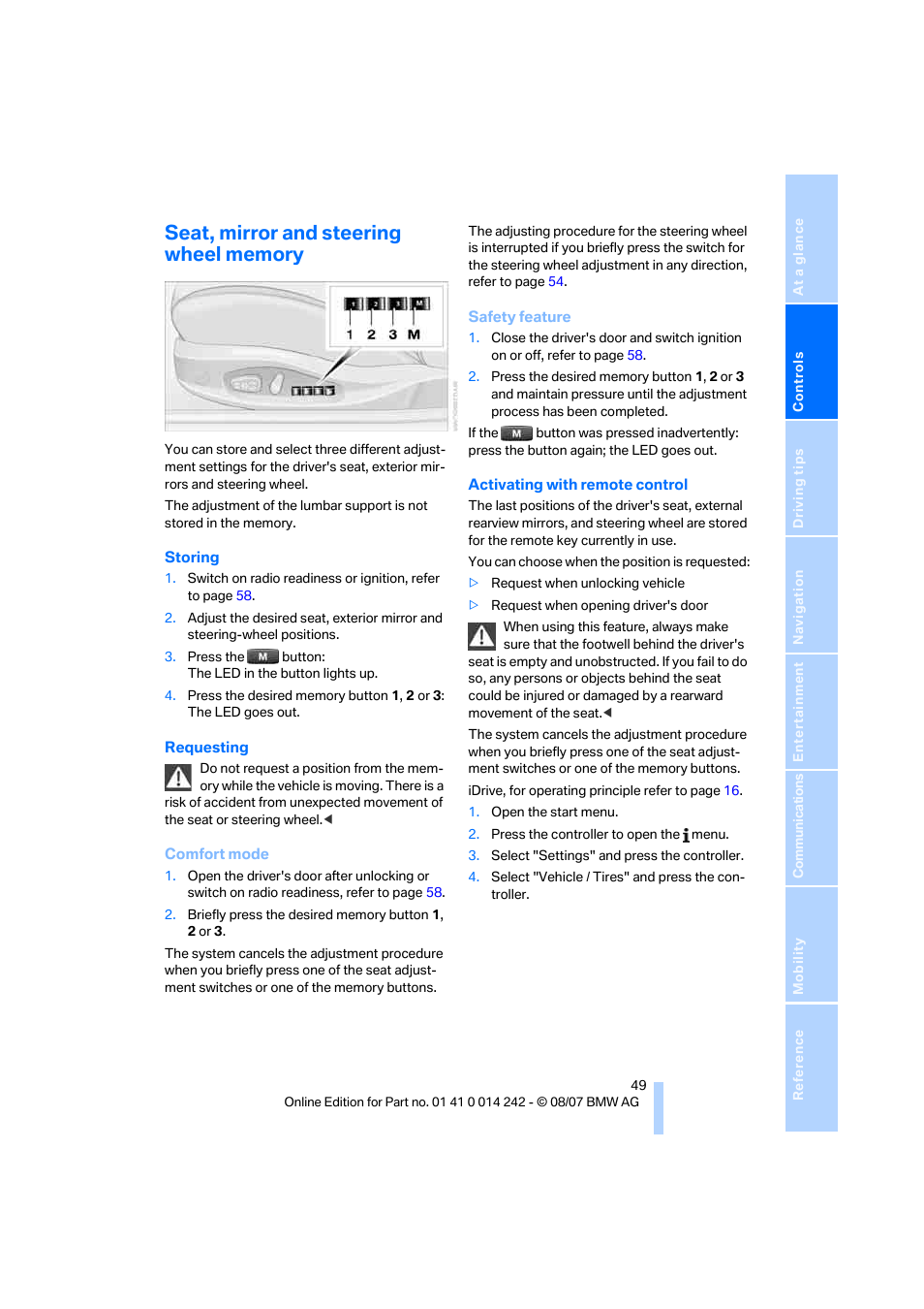 Seat, mirror and steering wheel memory | BMW 650i Convertible 2008 User Manual | Page 51 / 264