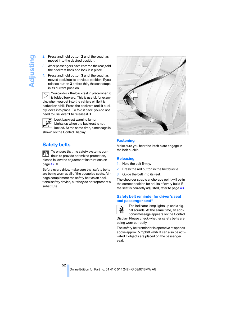 Safety belts, Adju sting | BMW 650i Convertible 2008 User Manual | Page 54 / 264