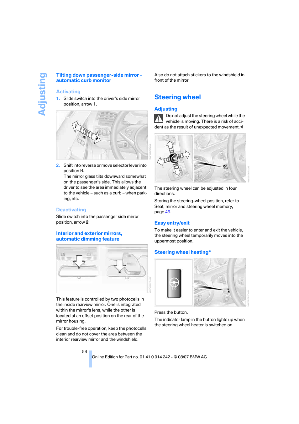 Steering wheel, Ment, Adju sting | BMW 650i Convertible 2008 User Manual | Page 56 / 264