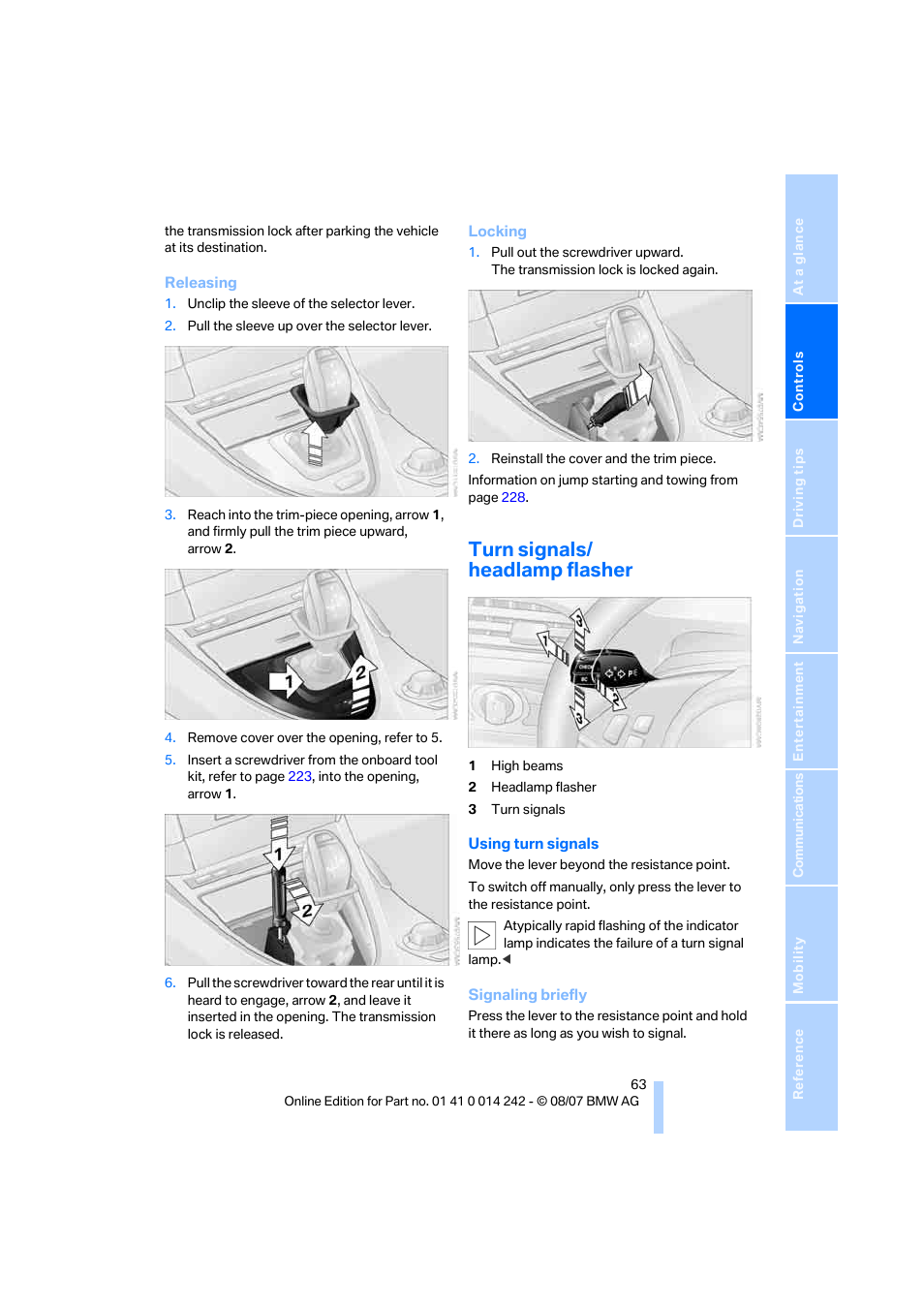 Turn signals/ headlamp flasher, Gnals | BMW 650i Convertible 2008 User Manual | Page 65 / 264