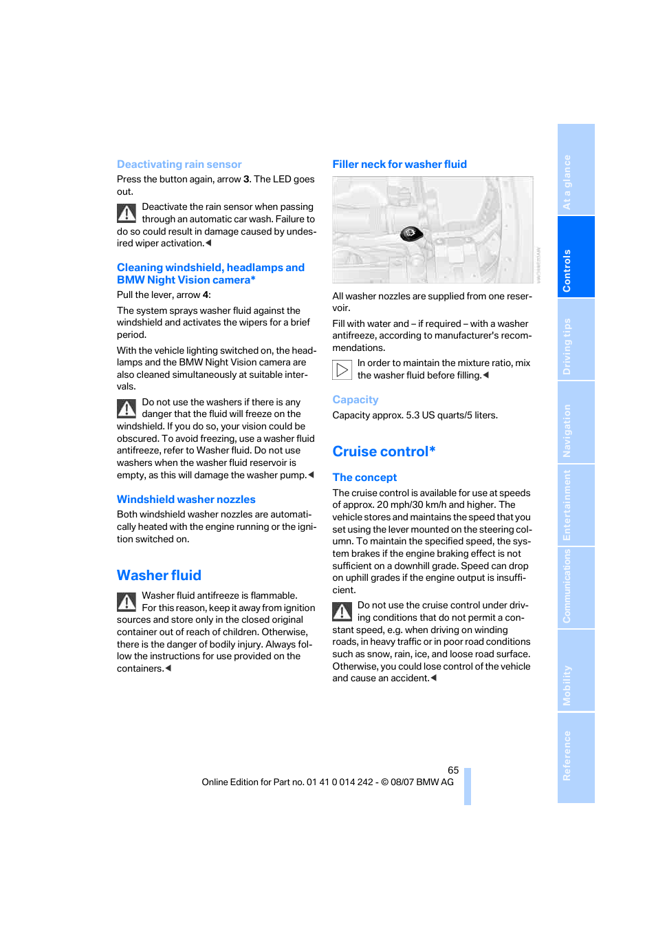 Washer fluid, Cruise control | BMW 650i Convertible 2008 User Manual | Page 67 / 264
