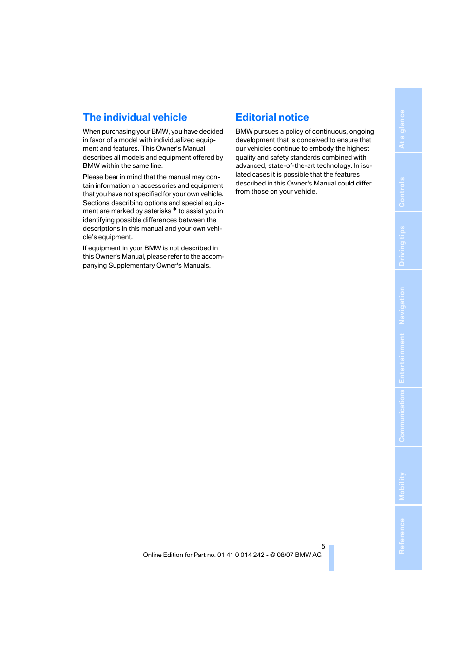 The individual vehicle, Editorial notice | BMW 650i Convertible 2008 User Manual | Page 7 / 264