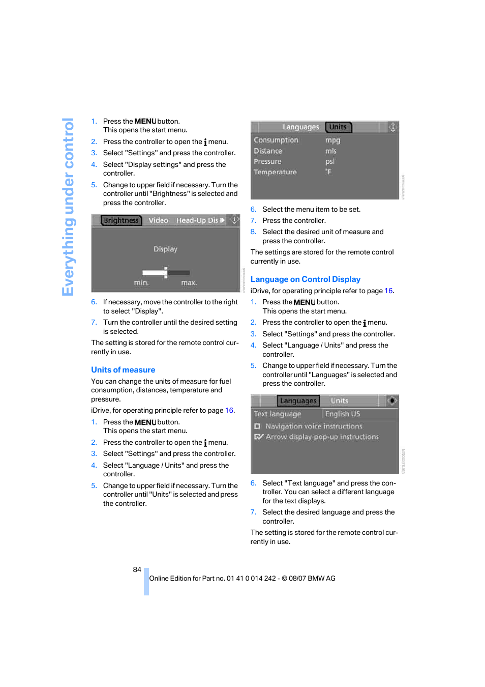 Units of measure, Eve ryth ing un de r co nt rol | BMW 650i Convertible 2008 User Manual | Page 86 / 264