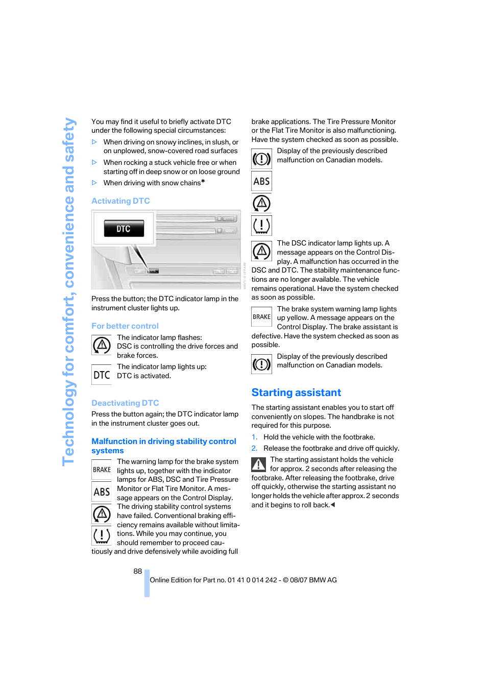 Starting assistant | BMW 650i Convertible 2008 User Manual | Page 90 / 264