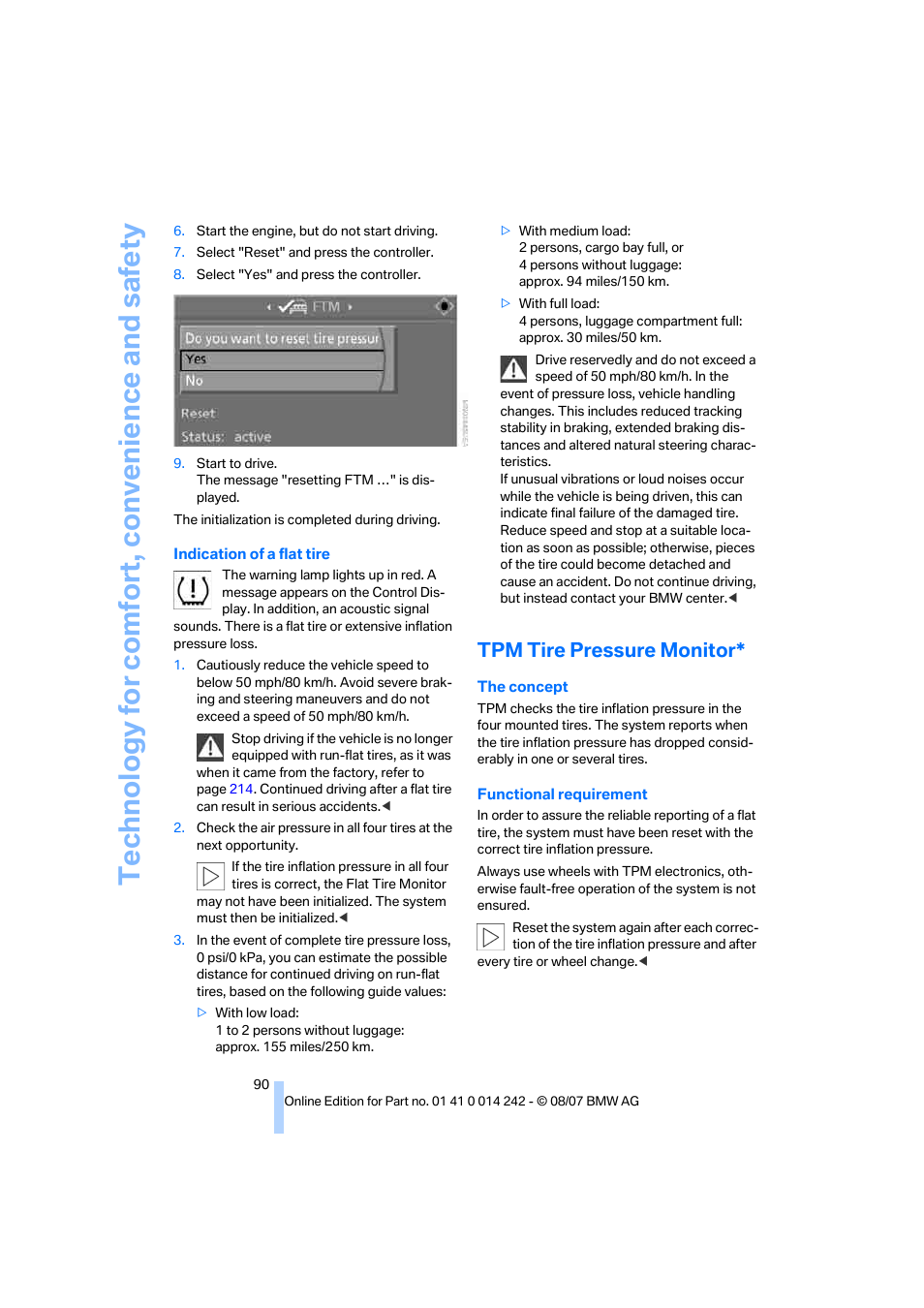 Tpm tire pressure monitor | BMW 650i Convertible 2008 User Manual | Page 92 / 264