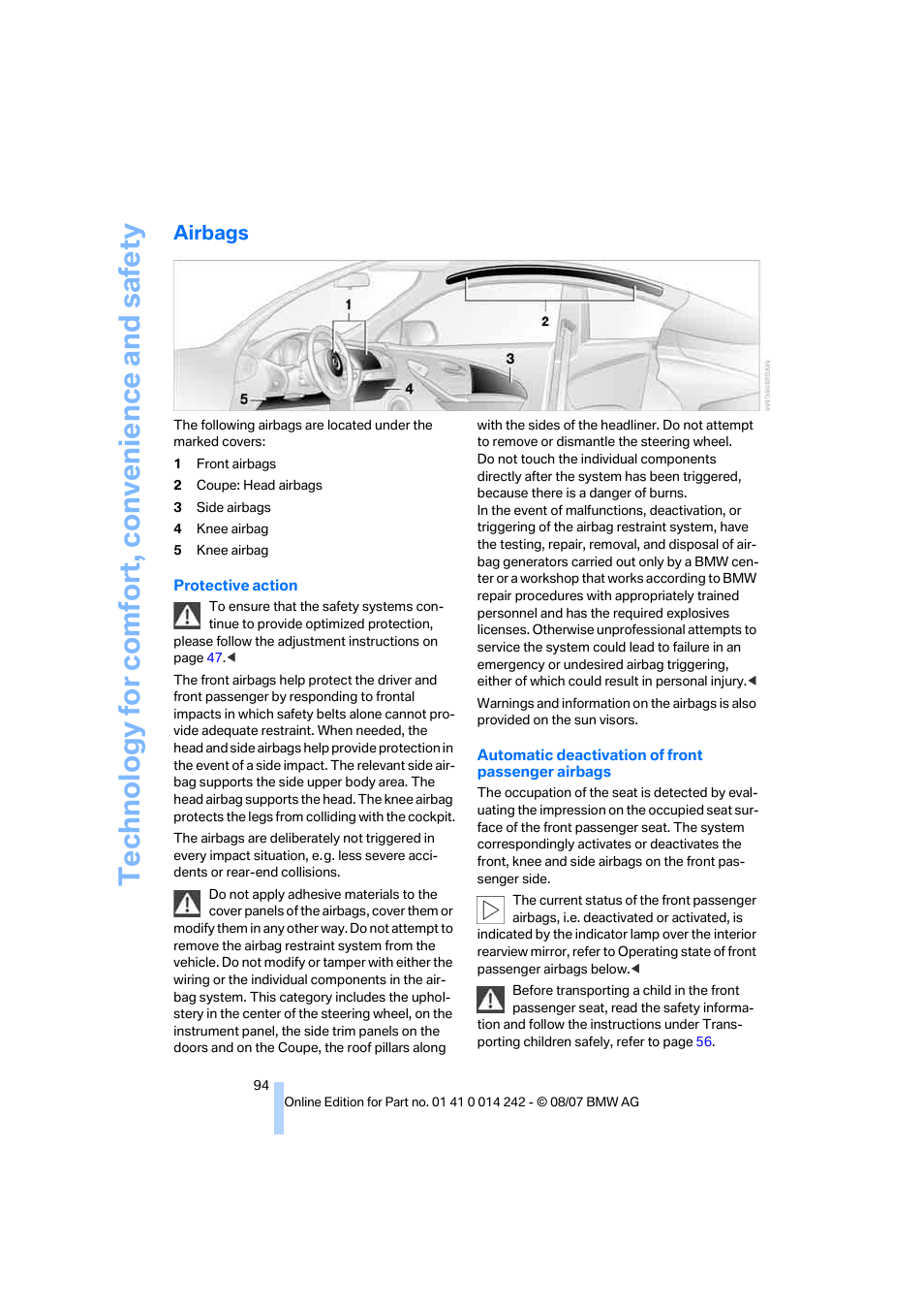 Airbags | BMW 650i Convertible 2008 User Manual | Page 96 / 264