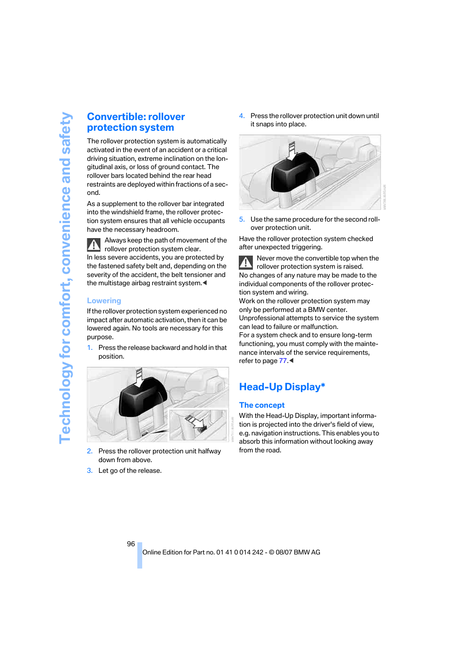 Convertible: rollover protection system, Head-up display | BMW 650i Convertible 2008 User Manual | Page 98 / 264