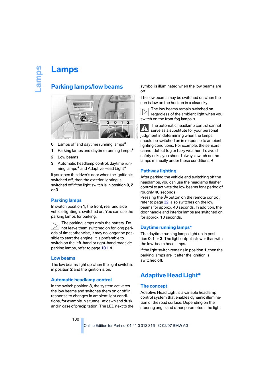 Lamps, Parking lamps/low beams, Adaptive head light | La mp s | BMW 760Li Sedan 2008 User Manual | Page 102 / 254