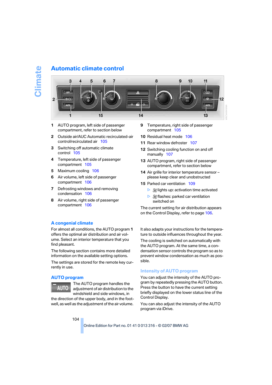 Automatic climate control, Tment, Intensity of auto program | Climate | BMW 760Li Sedan 2008 User Manual | Page 106 / 254