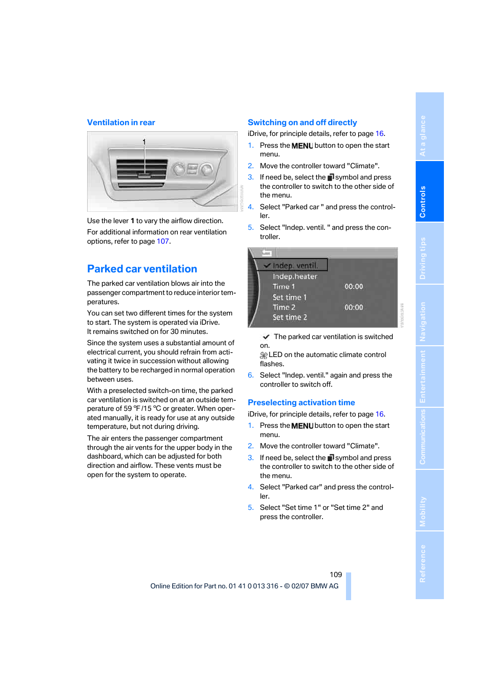 Parked car ventilation | BMW 760Li Sedan 2008 User Manual | Page 111 / 254