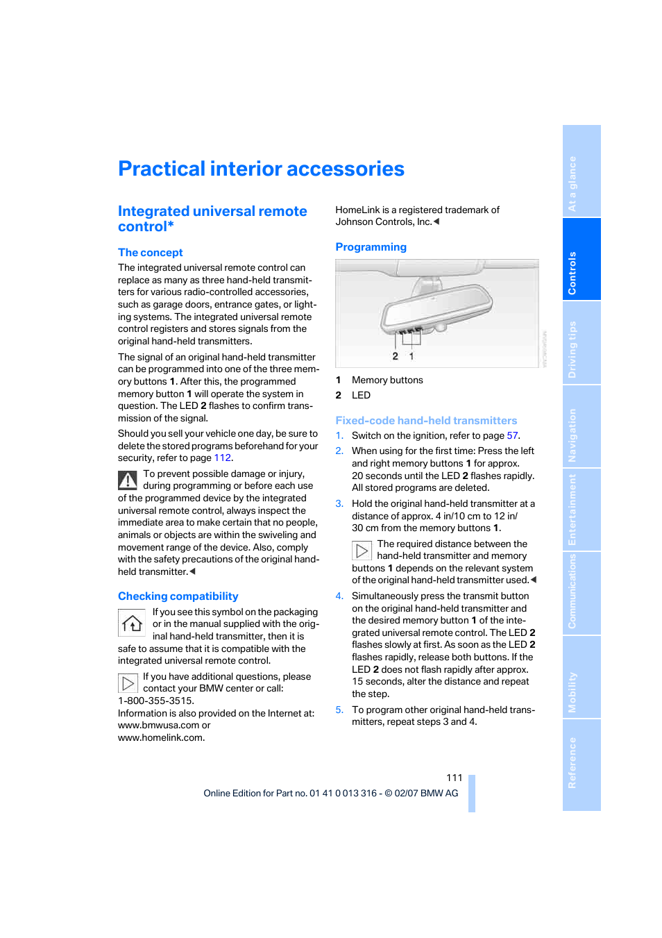 Practical interior accessories, Integrated universal remote control | BMW 760Li Sedan 2008 User Manual | Page 113 / 254