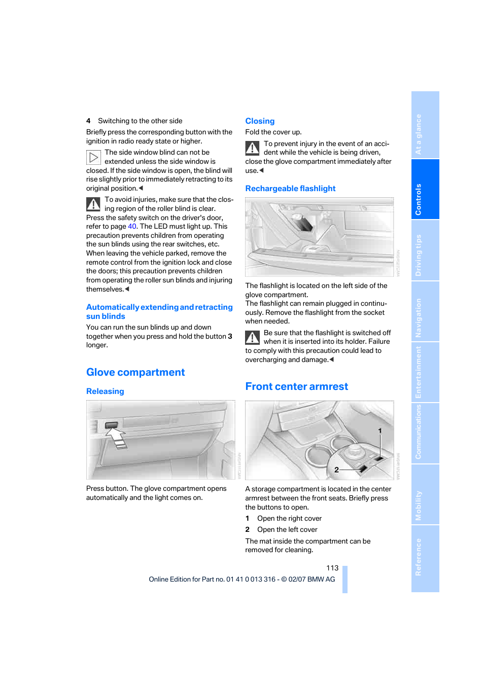 Glove compartment, Front center armrest | BMW 760Li Sedan 2008 User Manual | Page 115 / 254